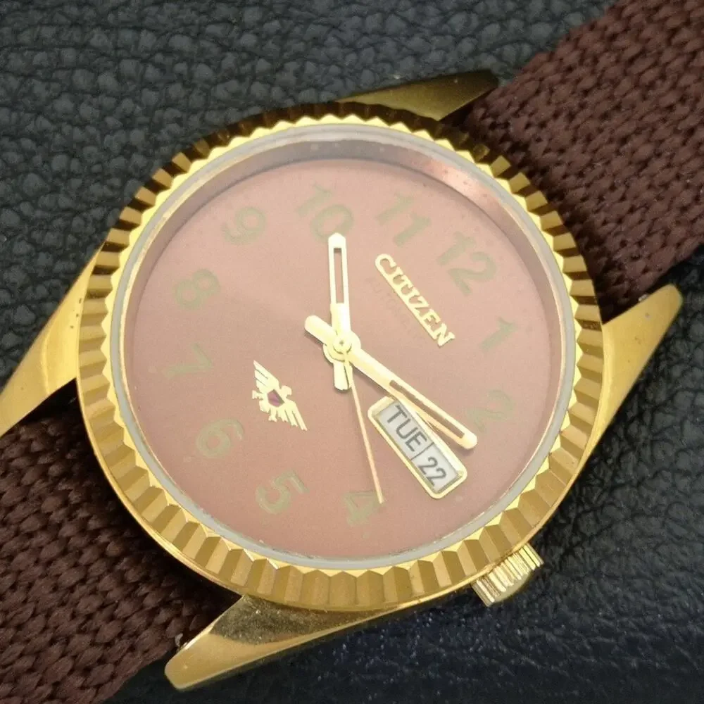 Vintage 1990 Citizen Automatic Mens Gold Watch W/daydate & Brown accents